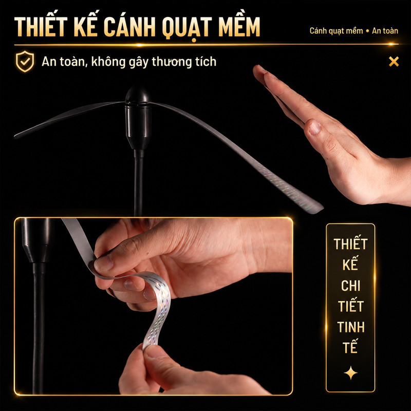 Quạt Bàn Đuổi Muỗi – Đèn Vàng, Cánh Mềm, Pin AA, IPX4 Dùng Nhà Hàng Ngoài Trời & Cắm Trại