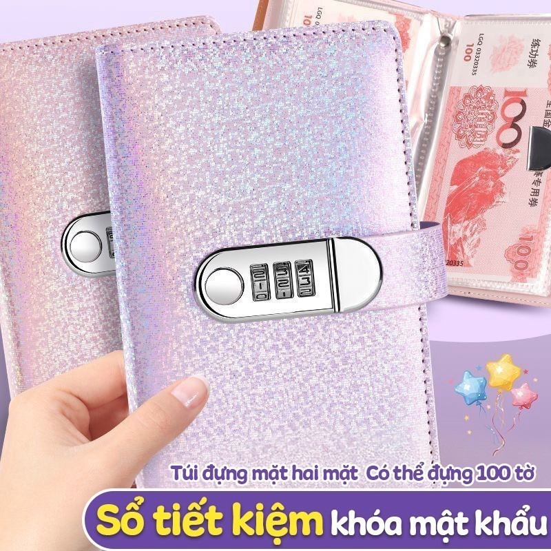 Sổ tiết kiệm đựng tiền dễ thương có khóa hành trình 100 ngày tiết kiệm lấp lánh quà tặng siêu xinh