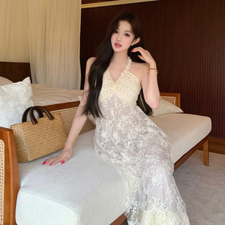 Váy Nữ liền thân cổ chữ V bằng ren thêu cotton dệt dày dặn, kiểu halter, thích hợp cho kỳ nghỉ hè