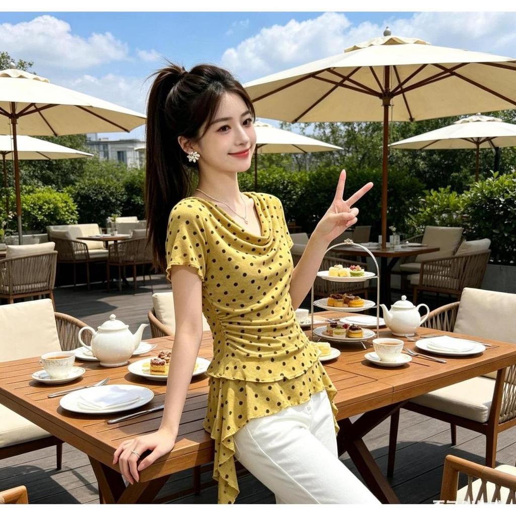 Milyfashion Cổ Xoay Chấm Bi Không Đều Lá Sen Khâu Áo Thun Tay Ngắn Mùa Hè Phong Cách Mới Mỏng