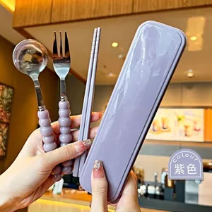 Bộ đồ ăn Tablew Đũa Thìa Nĩa Bộ đồ học sinh Hộp lưu trữ Bộ ba mảnh di động Gói kết hợp giá trị cao dễ thương 6.