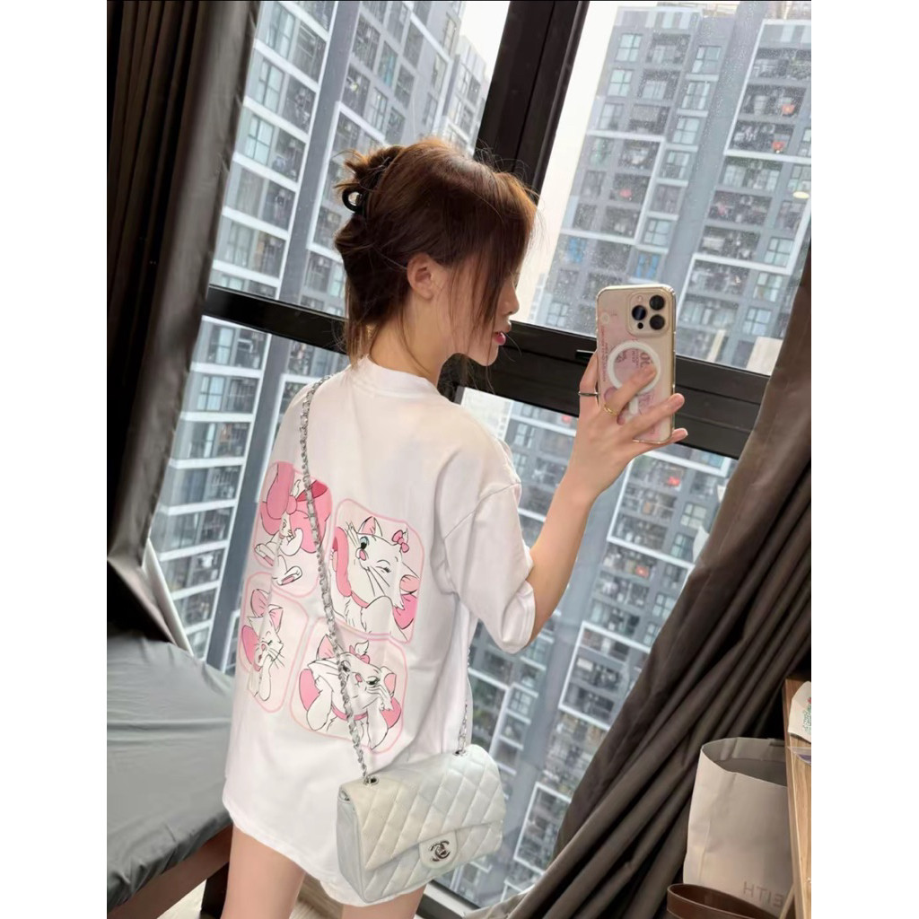 （Giao hàng 24h）Angela Áo phông nữ đáng yêu hoạ tiết in mèo marie disnep trắng đáng yêu from rộng dáng giấu quần chất
