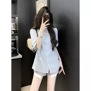 Áo sơ mi ngắn tay màu xanh nữ mùa hè 2026 Phong cách mới Năm nay Áo sơ mi đẹp độc đáo siêu đẹp nổi tiếng Áo sơ mi nhỏ