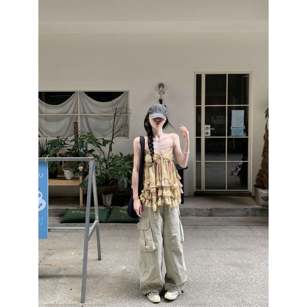 Milyfashion Nhiều Lớp Xù Cổ Chữ V Thiết Kế Mùa Hè Niche Hot Girl Voan Top YE7G