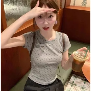 Áo thun ngắn tay màu xám chấm bi cho nữ mùa hè Phong cách mới Slim Sweet Spicy Short Top Women