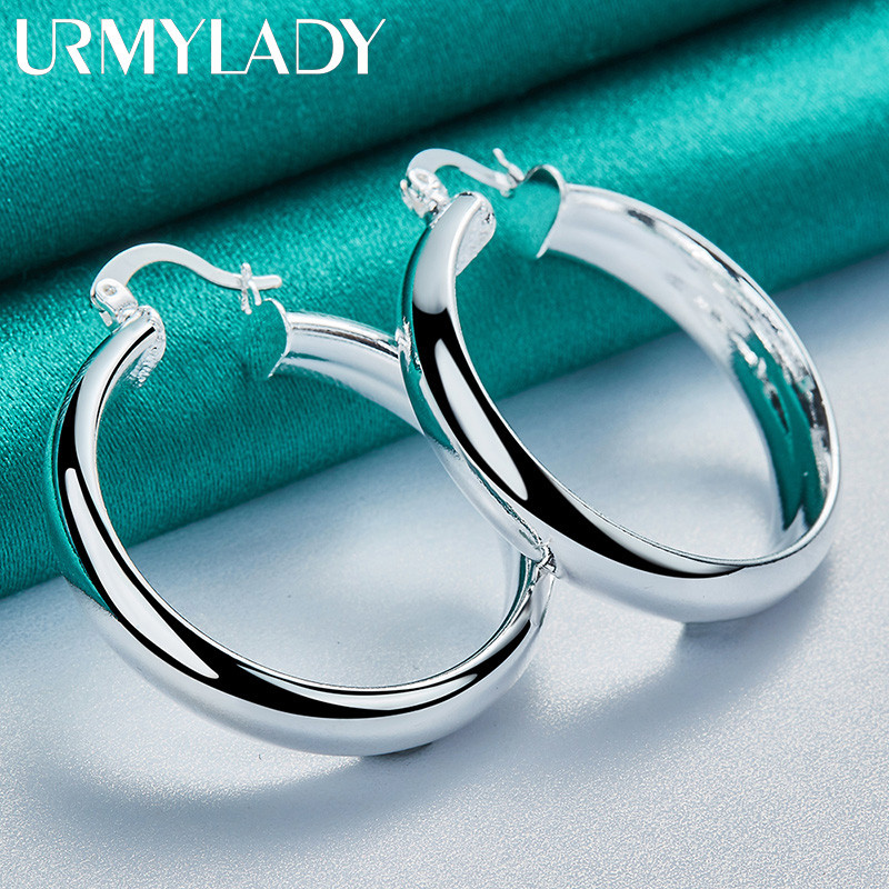 URMYLADY Bạc 925 Tròn Mịn Vòng Bông Tai Tai Vòng Tai Cho Nữ Thời Trang Quyến Rũ Cưới Đính Hôn Trang Sức