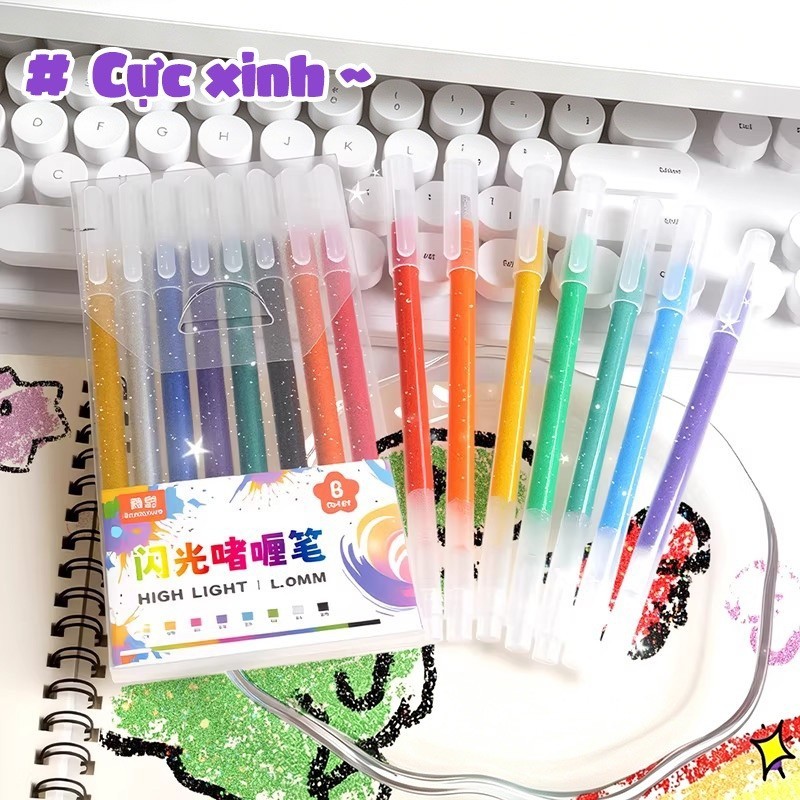 Bút gel nhũ highlight siêu nhũ đều màu nhiều mực ngòi lấp lánh kim tuyến set 60 cho bé vẽ tô màu đẹp