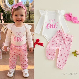 Bé Gái Trang Phục Sinh Nhật Chữ Nơ Thêu Cổ Tròn Dài Tay Áo Liền Quần Co Giãn Eo Quần Đầu Bộ