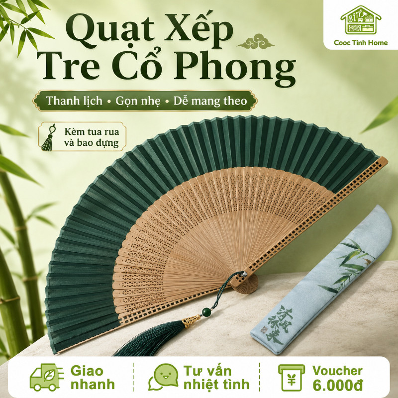 Quạt Múa Tre Cao Cấp - Nan Tre Mỏng, Thiết Kế Sang, Kèm Bao & Tua Rua, Cho Biểu Diễn & Ảnh Nghệ Thuật
