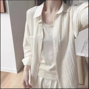 Mong chờ đến mùa hè ~ Áo sơ mi vải lanh cotton kiểu Pháp Áo sơ mi nữ vải lanh cotton mỏng cao cấp chống nhăn dài tay hàng đầu dành cho nữ