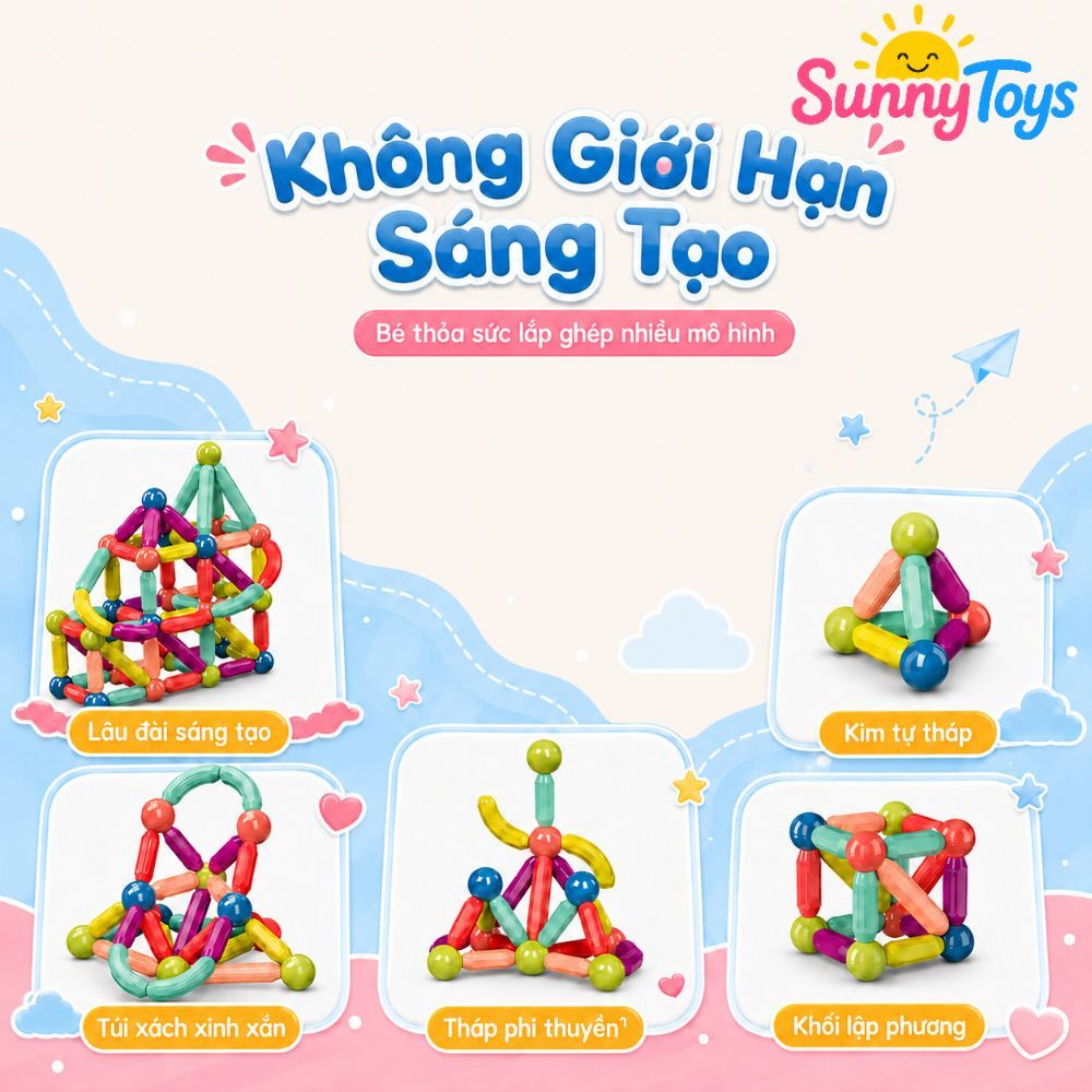Bộ Xếp Hình Nam Châm SunnyToys 64 Chi Tiết - Ghép Nhà, Ghép Khối Và Mô Hình Sáng Tạo