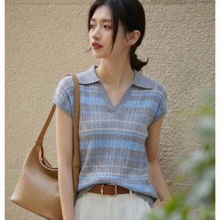 Pháp Sọc Cổ POLO Dệt Kim Tay Ngắn Thoải Mái Thoáng Khí Tính Khí Nhẹ Nhàng Khí Hàng Ngày Phù Hợp Với Áo Thun Mới Top
