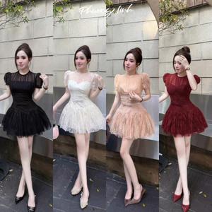 ĐẦM REN LƯỚI CÚP TAY PHỒNG NƠ EO XOÈ BYJOLIE