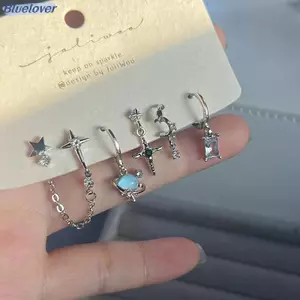 Bluelover 6 CÁI BỘ Goth Punk Pha Lê Mặt Trăng Chữ Thập Ngôi Sao Mặt Dây Chuyền Bông Tai Dành Cho Nam Nữ Y2K Vintage Thẩm Mỹ Trang Sức Phụ Kiện Mới