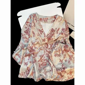 Ánh Sáng Sang Trọng Lá Phong Đỏ Mới Phong Cách Trung Hoa Áo Liền Quần Cardigan Băng Lụa Bộ Đồ Ngủ Nữ Mùa Hè Quần Short Nửa Tay Cao Cấp S
