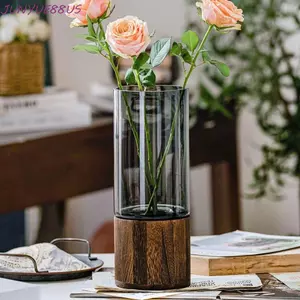 Bình thủy tinh JUNYUE88US, Bình hoa thủy canh đế bằng gỗ Bình hoa trong suốt, Chai trang trí INS hiện đại thanh lịch Trang trí đám cưới