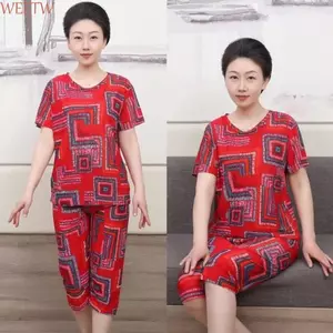 Bộ áo thun người cao tuổi WEETW, Bộ hai mảnh sọc cỡ lớn dành cho nữ, Bộ đồ ngủ ngắn tay dáng rộng mùa hè thoải mái dành cho mẹ Bộ đồ ngủ nữ trung niên