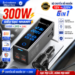 Inverter Ô Tô 300W Bộ Đổi Điện 12V Ra 220V Củ Sạc Xe Hơi 2AC 2Type-C 2USB Màn LCD Chính Hãng