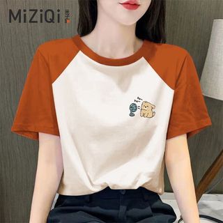 [MIZIQI] Áo thun ngắn tay Cotton nguyên chất dành cho nữ, cổ tròn in hình hoạt hình màu tương phản dáng rộng