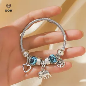 Vòng tay quyến rũ hình trái tim voi cổ dành cho nữ Vòng tay hạt thủy tinh có thể điều chỉnh Vòng tay Trang sức DIY Quà tặng [Mina]