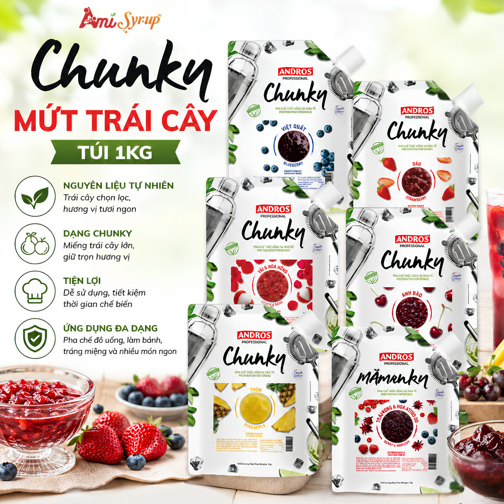Mứt Trái Cây Chunky Andros Túi 1kg, Đặc Sắc Trái Cây Tự Nhiên, Hoàn Hảo Cho Pha Chế