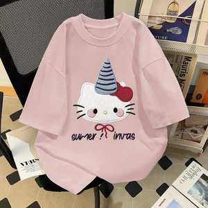（Giao hàng 24h）Angela 2026 Mới Phổ Biến Mùa Hè Rời KT Cat Nửa Tay Cotton Hồng Áo Thun Tay Ngắn