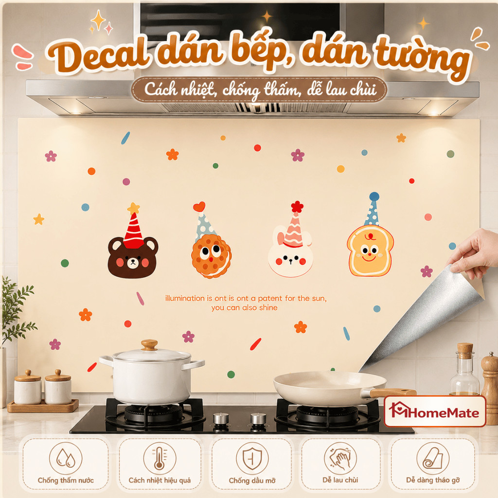 Giấy Dán Nhà Bếp HomeMate Chống Dầu Mỡ Chống Thấm Nước, Decal Dán Tường Bếp Cách Nhiệt Họa Tiết Hoạt Hình Dễ Lau Chùi