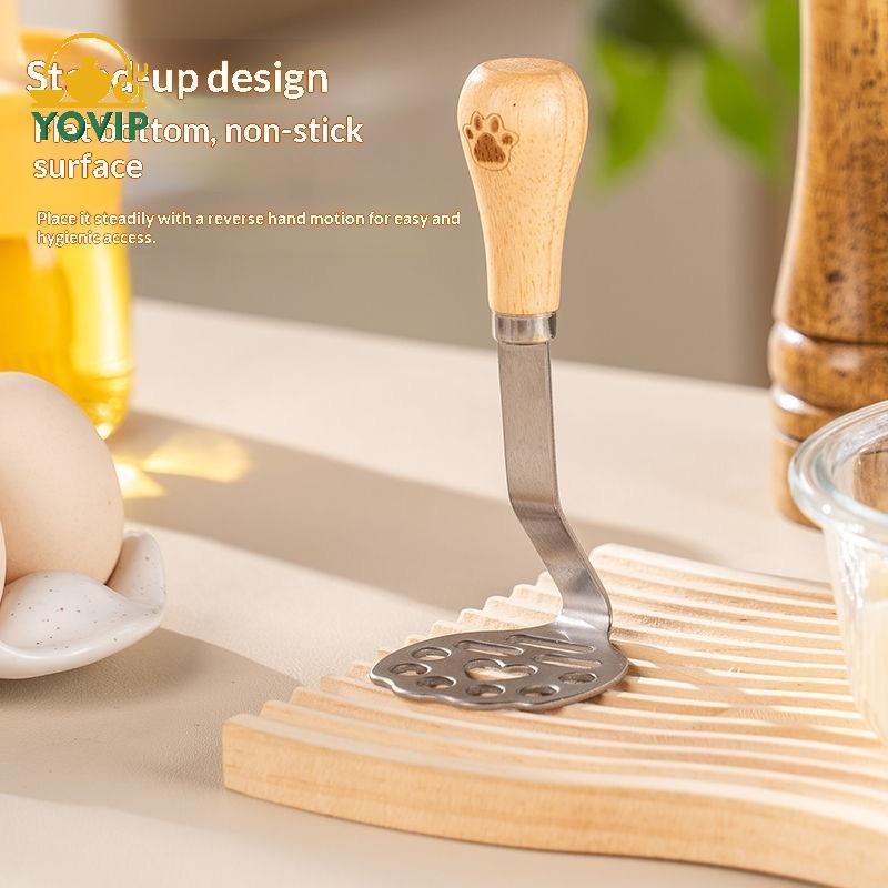 Máy nghiền khoai tây bằng thép không gỉ YOVIP có tay cầm bằng gỗ, Dụng cụ nghiền khoai tây cấp thực phẩm để nướng tại nhà, 12,5x5,5cm, 430 thép không gỉ VN