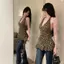 American Sweet Cool Hot Girl Da báo in dây cổ chữ V Áo Vest mỏng vừa vặn