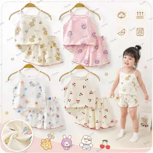 Bộ đồ quần áo trẻ mới biết đi PYCOU, Áo in Cotton + Quần short Bộ 2 món, Bộ đồ ngủ không tay mềm mại thoải mái cho bé gái