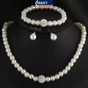 MAKY 3in1 Bộ Nữ Cô Dâu Cưới Bộ Kim Cương Giả Ngọc Trai Giả Nelace Vòng Tay Bông Tai Dự Tiệc Trang Sức Quà Tặng VN