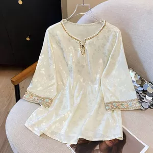 Phong Cách Trung Hoa Thêu Top Mỏng Phong Cách Nữ Tay Ngắn Mùa Hè Phong Cách Mới Phong Cách Trung Hoa Jacquard Áo Sơ Mi Nhỏ Satin Áo Sơ Mi Phong Cách Nóng bỏng