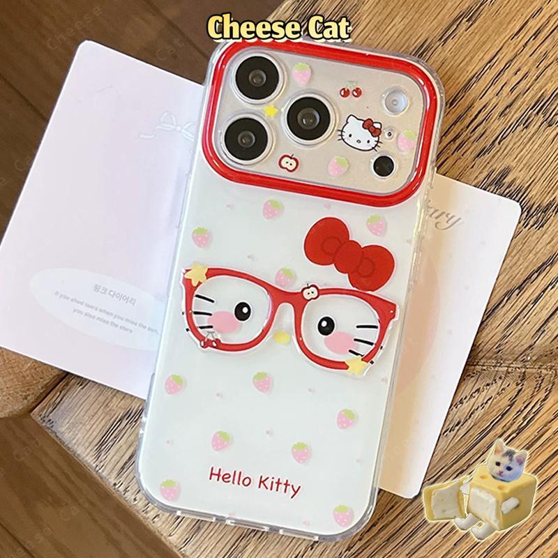 Ốp Lưng Điện Thoại Khung Kính Màu Đỏ Dâu Kitty Nhút Nhát Cho iPhone 17 Pro Max 13 12 11 15 16 Plus Xs Max XR