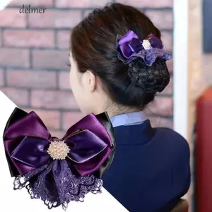 DELMER Bun Snood, Ngọc Trai Phong Cách Hàn Quốc Nơ Lò Xo Kẹp, Vintage Ruy Băng Kim Cương Giả Phụ Kiện Tóc Lưới Bao Ngân Hàng