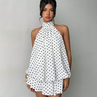 Đầm chấm bi BRBRAA, Đầm dây không tay xếp nếp, Dây đeo chéo màu trắng đen không lưng thường ngày Clubwear
