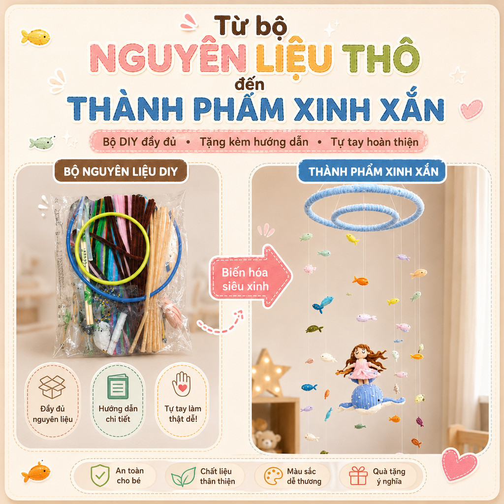 Bộ DIY Chuông Gió Cá Voi Len Bông – Treo Trang Trí Cửa Sổ, Quà Tặng Handmade, Kèm Video Hướng Dẫn