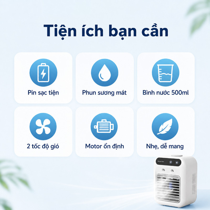 Quạt phun sương tích điện mini,2 tốc độ gió, 2 chế độ phun sương làm mát,500ml,Quạt điều hòa tích điện