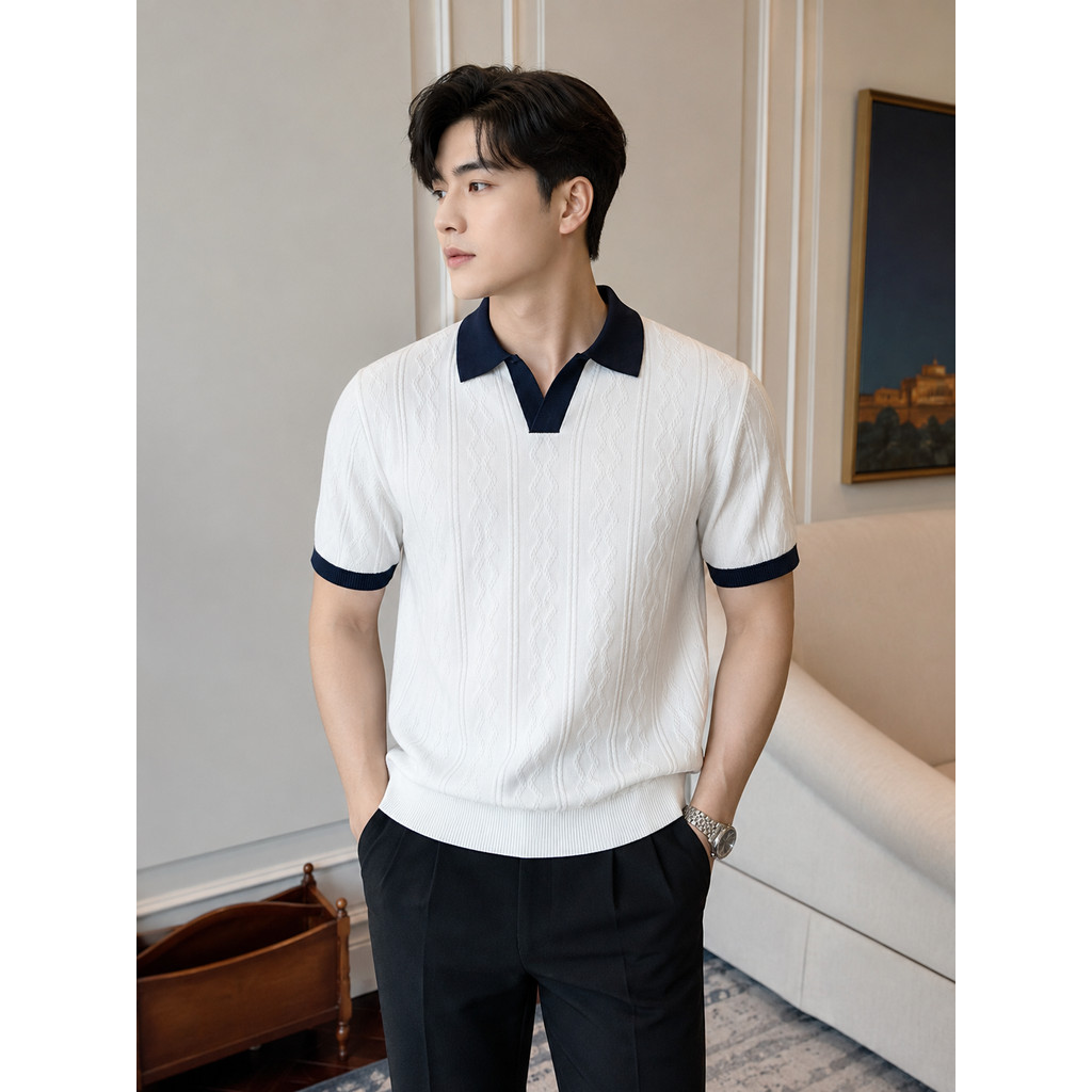 PA5 - Áo Polo Nam Mùa Hè Chất Jacquard Co Giãn, Cổ V Phối Màu Thời Trang, Dáng Ôm Thoáng Khí