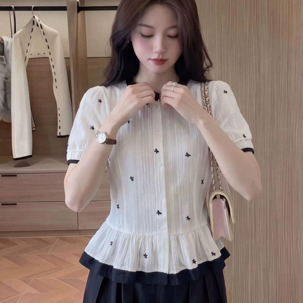 [Giảm giá trong thời gian có hạn] Áo sơ mi ngắn tay thêu nơ thời trang màu sắc tương phản, Áo len Cardigan thời trang giảm tuổi phong cách mới mùa hè 2026