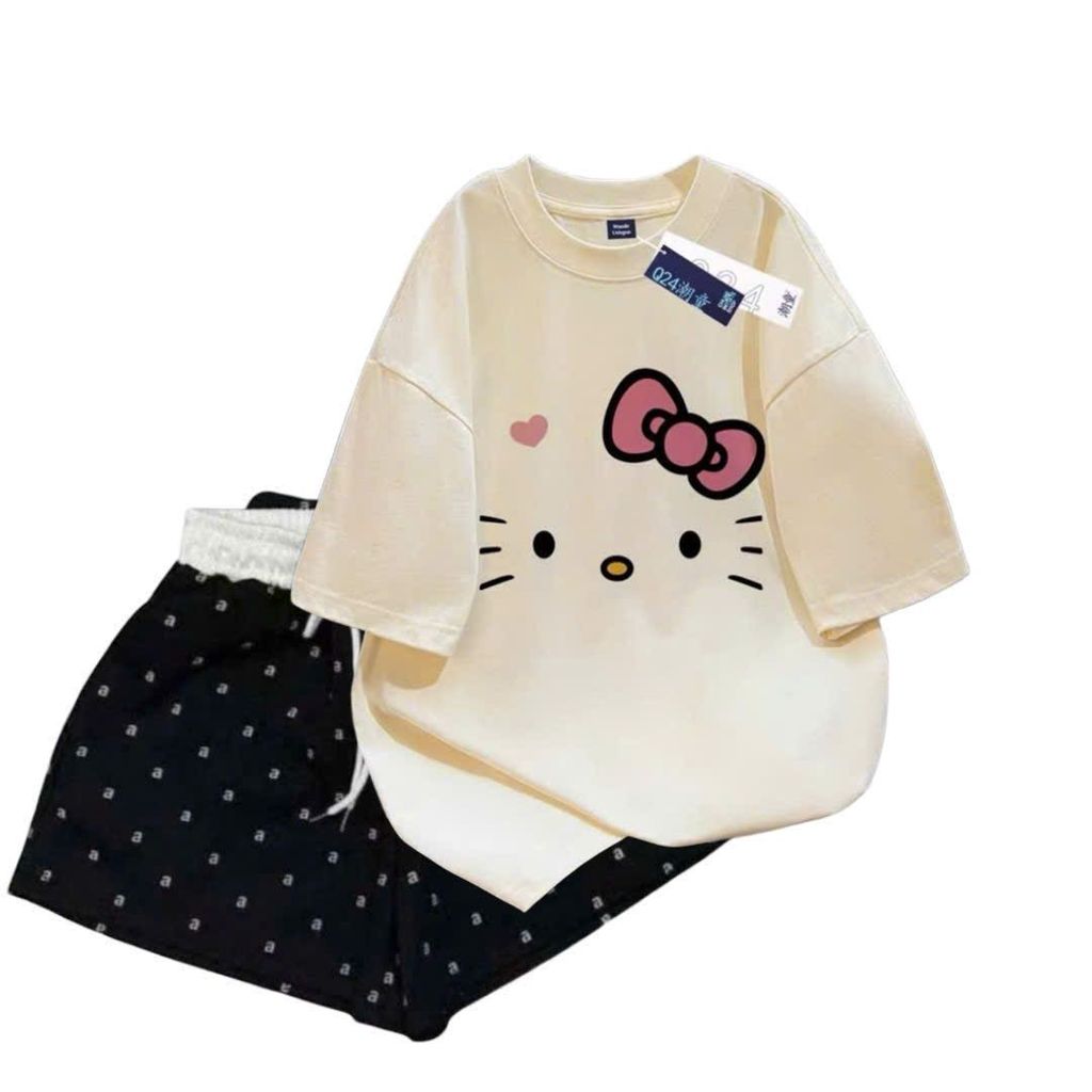 Sét đồ mùa hè siêu cool, siêu thoải mái Quần đùi cộc chữ Aaa  màu đen + mix áo phông mèo giản siêu dễ thương