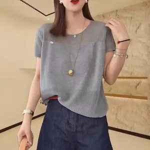 Áo thun dệt kim ngắn tay màu trơn phong cách mỏng dáng rộng Slim-Fit mùa hè dành cho nữ thông thường