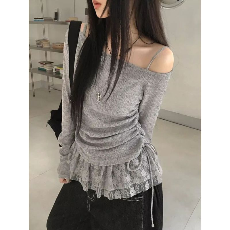 [Giảm giá trong thời gian có hạn] Áo thun dài tay một vai màu xám dành cho nữ mùa xuân Hot Girl Pure Desire Bowknot Pleated Lace Sling Top Bộ hai mảnh