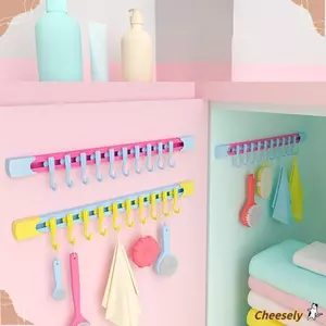 Móc treo cửa tủ bếp CHEESELY, Móc treo tường Móc trượt Dopamine đa chức năng, với 10 móc Đường ray trượt Giá lưu trữ Dopamine không đục lỗ cho cửa tủ