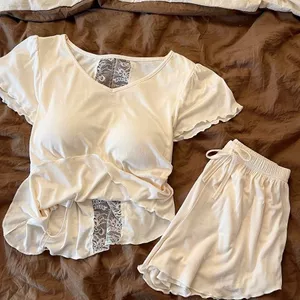XL-5XL 55-120kg Bộ Đồ Ngủ Mùa Hè Nữ Ren Rời Tay Ngắn Quần Short Bộ Đồ Ngủ Có Miếng Lót Ngực Bọt
