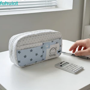 Hộp đựng bút chì họa tiết mèo FUHUIOT, Túi đựng bút nhiều lớp màu kem chấm bi, Ins dung tích lớn Phong cách dễ thương Đồ tổ chức văn phòng phẩm dành cho sinh viên