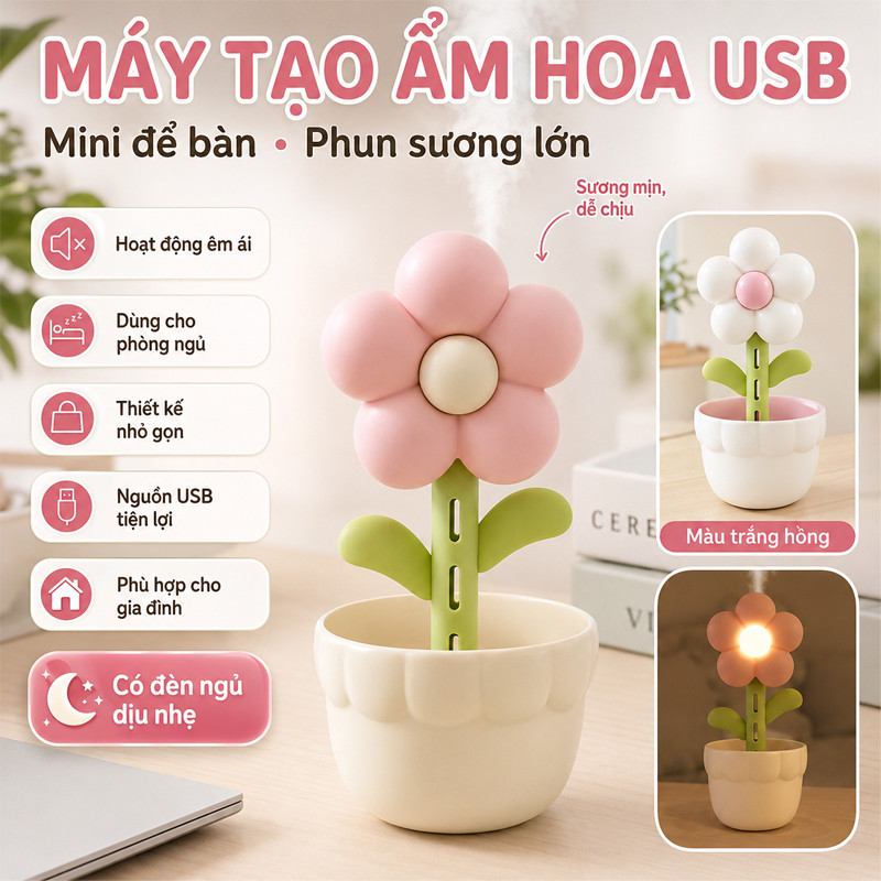 Máy tạo ẩm hoa USB để bàn,Máy tạo độ ẩm Hoa Mini,bà bầu và em bé, tăng độ ẩm không khí gia đình