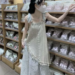 Thiết Kế Niche Không Đều Khâu Hoa Hai Mảnh Đầm Sling Mùa Hè Nhỏ Viền Váy Dài