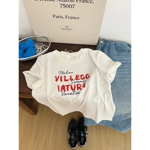 （Giao hàng 24h）Angela Áo thun dài tay cổ tròn thiết kế chữ đỏ theo style Hàn Quốc