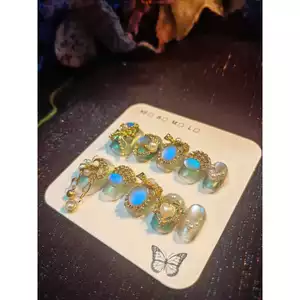 Nguyên Chất Handmade Móng Tay Cổ Giao Hưởng Ánh Trăng Handmade Đeo Móng Tay Bầu Không Khí Cung Điện Phong Cách Xanh Lá Cây
