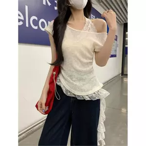 Pure Desire Style Hot Girl Tính khí mỏng Phong cách chéo Vai ngắn tay Áo thun nữ mùa hè ren dây Vest hai mảnh